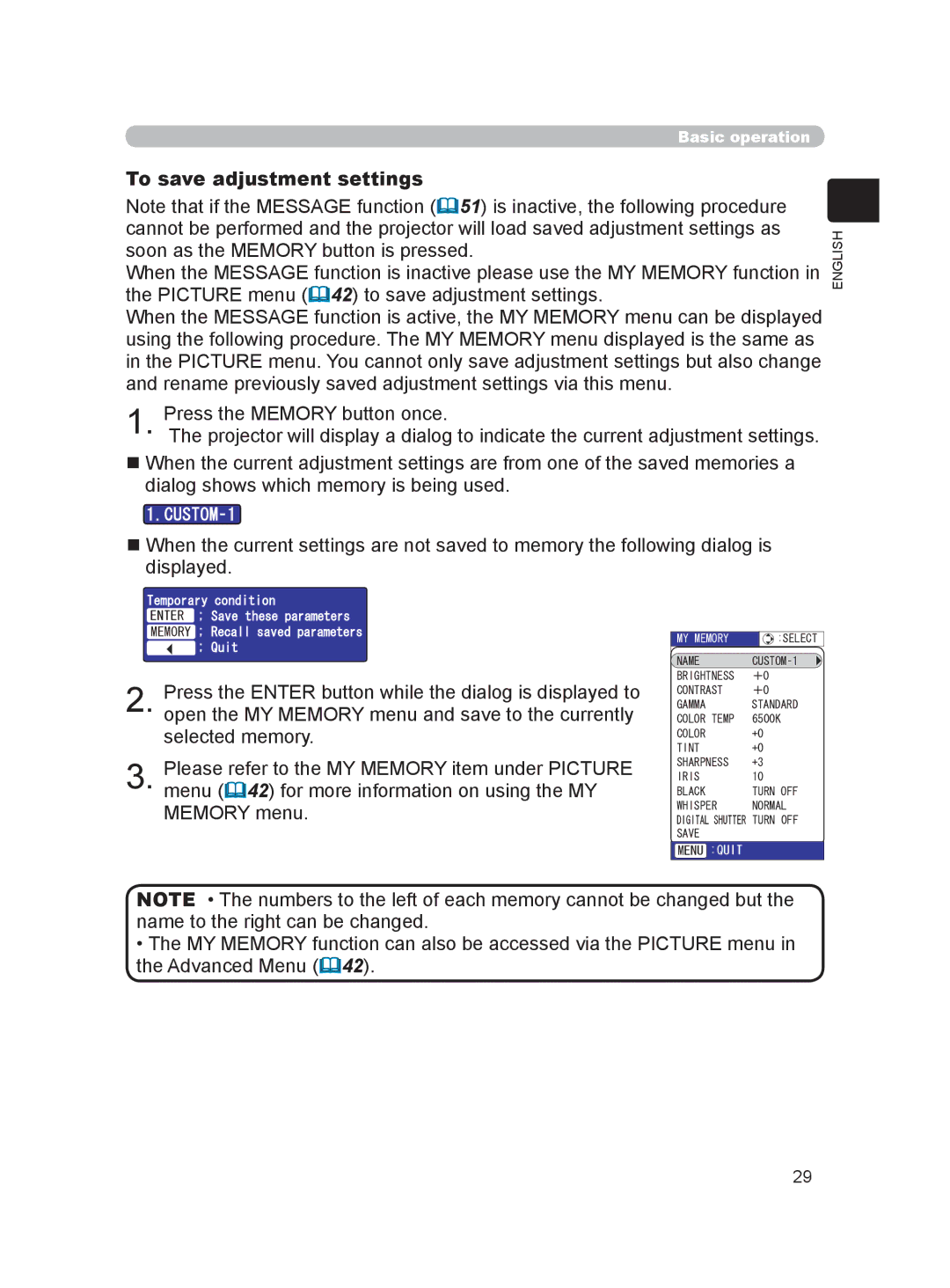 Hitachi HDPJ52 user manual To save adjustment settings,  My Memory 